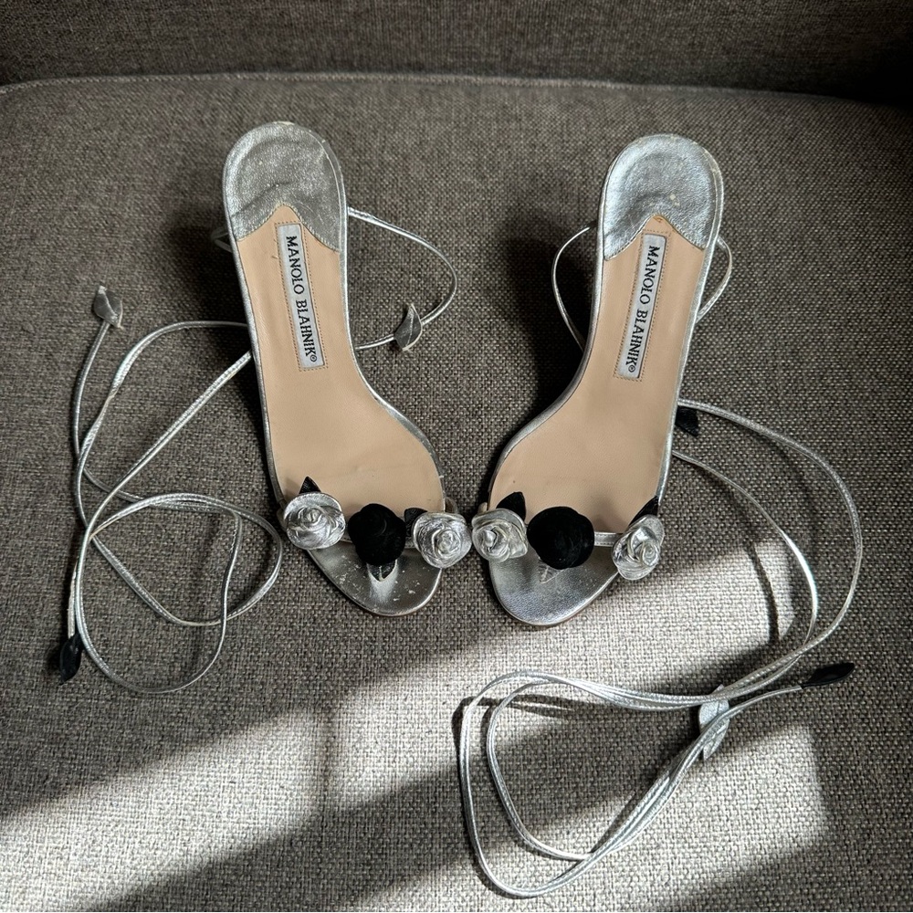 Vintage Manolo Blahnik metallic & black rose sandal heels